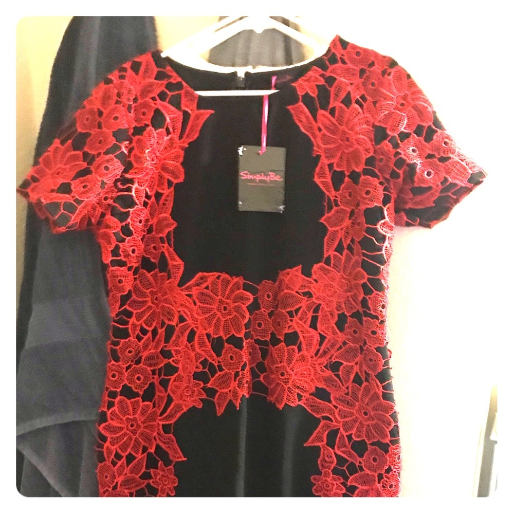 Floral Red Lace Overlay over Black Sheath Dress